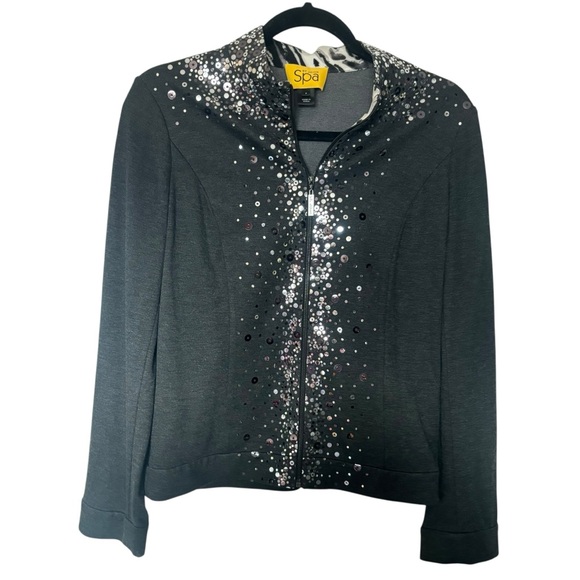 St. John Spa Tops - ST JOHN Womens Gray Cardigan Jacket Sequin Embellishments SZ S Petite Party Chic